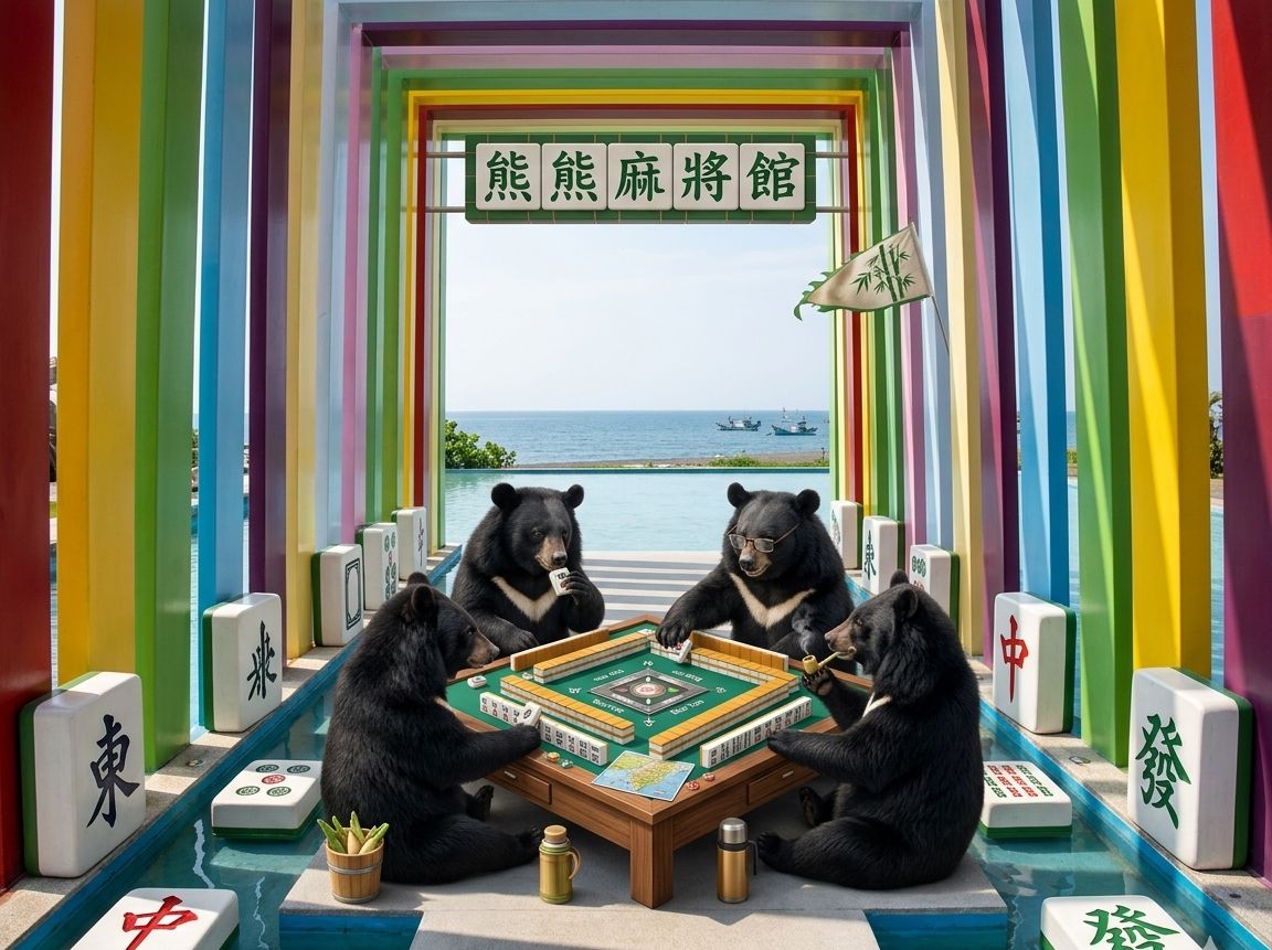 高雄旗津黑熊賭神,高雄夕陽配碰碰胡,旗津彩虹教堂變網美賭場,柴山猴子在旁邊觀戰,台灣熊愛打麻將,台灣黑熊打麻將,高雄旗津有台灣黑熊出沒,高雄旗津最新打卡地標,旗津海景第一排麻將桌,彩虹教堂的網美集體傻眼